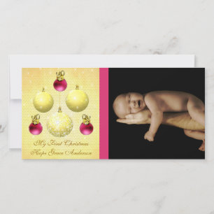 Gouden & Pruimen Ornamenten Mijn 1e Kerstmis Baby Feestdagenkaart