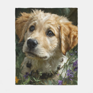 Gouden Puppy Wilde Bloem Starende Blik Fleece Deken