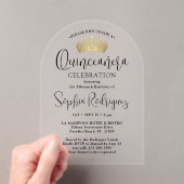Gouden Quinceañera Crown Chic Trendy Script Modern Acryl Uitnodigingen (Insitu (Draagbaar))