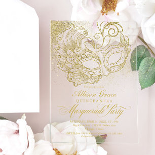 Gouden Quinceanera Maskerade Feest Acryl Uitnodigingen