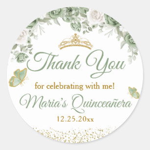 Gouden Quinceañera Sage Groene Kroon Dank u Ronde Sticker