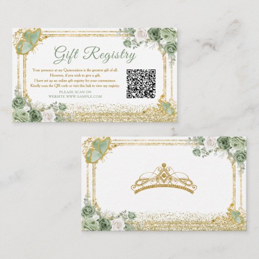 Gouden Quinceañera Sage Groene Kroon Gift Registry Informatiekaartje (Voorkant / Achterkant)