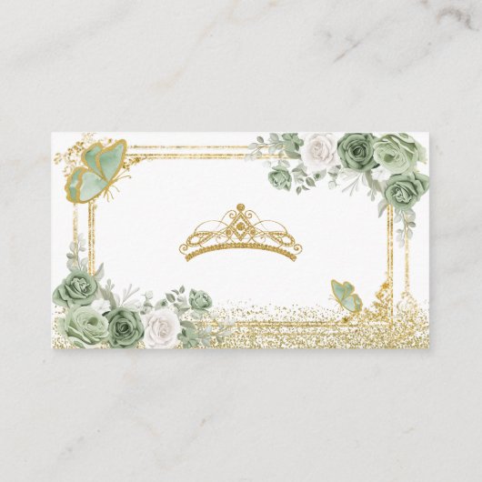 Gouden Quinceañera Sage Groene Kroon Vlinder Detai Informatiekaartje (Achterkant)