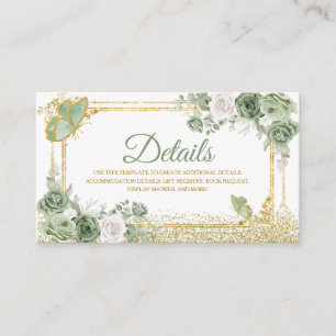 Gouden Quinceañera Sage Groene Kroon Vlinder Detai Informatiekaartje