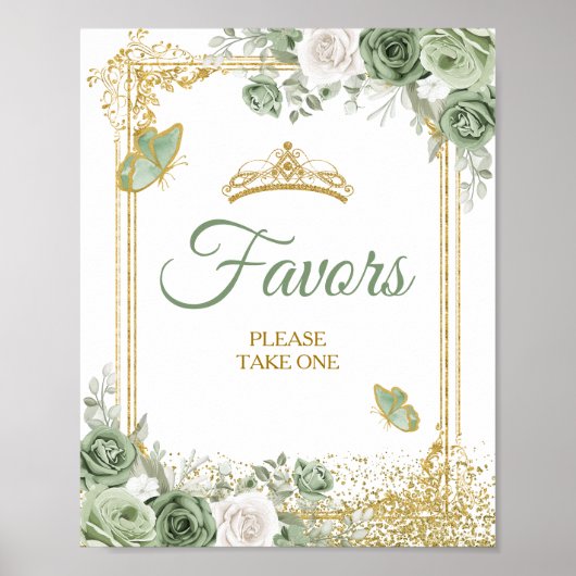Gouden Quinceañera Sage Groene Kroon Vlinder Favor Poster (Voorkant)