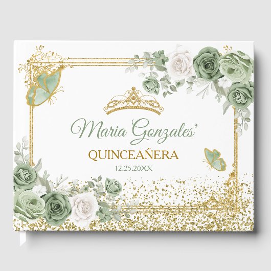 Gouden Quinceañera Sage Groene Kroonvlinder Gastenboek (Voorkant)