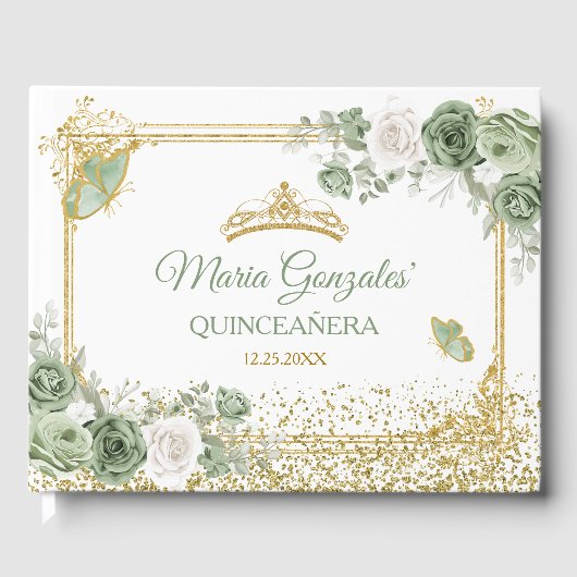 Gouden Quinceañera Sage Groene Kroonvlinder Gastenboek (Voorkant)