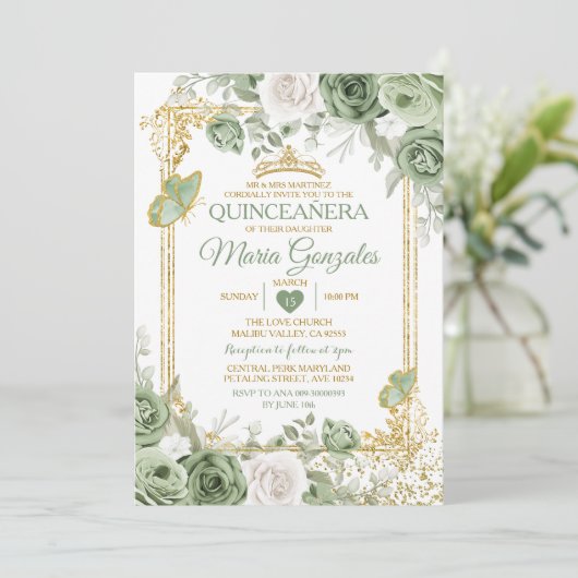 Gouden Quinceañera Sage Groene Kroonvlinder Kaart (Staand voorkant)