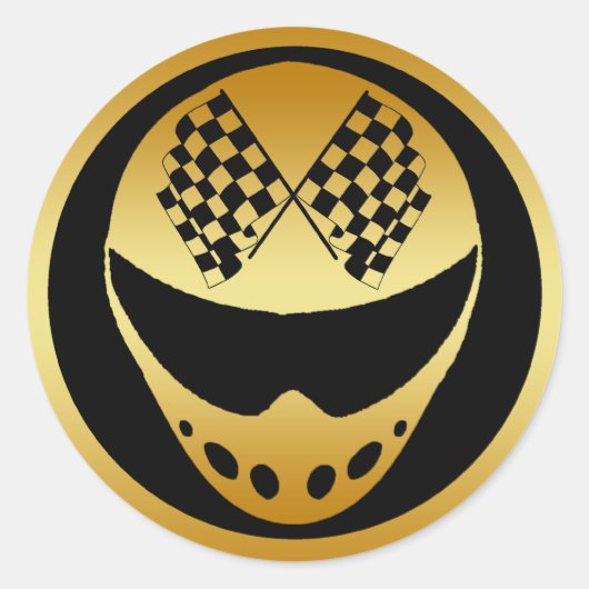GOUDEN RACEHELM MET GERUITE VLAGGEN RONDE STICKER (Voorkant)