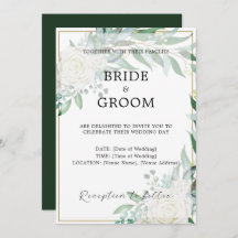 Gouden Rand Bloemen Groen Bruiloft Uitnodiging