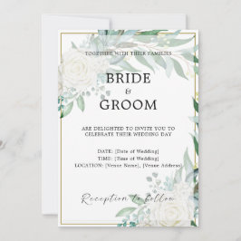 Gouden Rand Bloemen Groen Bruiloft Uitnodiging
