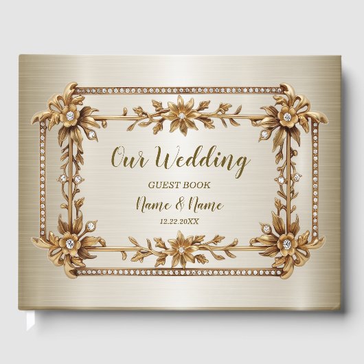 Gouden  Rechthoek Dimond Flowers Shiny Elegant Gastenboek (Voorkant)