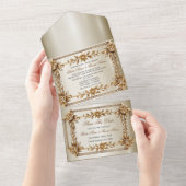 Gouden Rechthoek Dimond Flowers Shiny Wedding All In One Uitnodiging (Afscheurbaar)