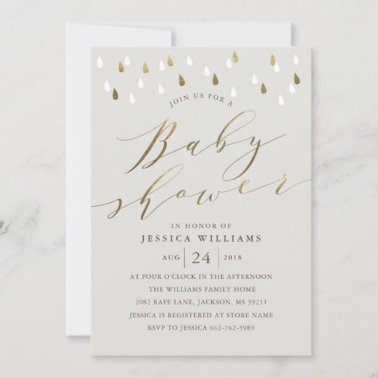 Gouden regendruppels en script baby shower nodigen kaart (Voorkant)