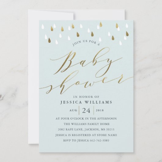 Gouden regendruppels en script baby shower nodigen kaart (Voorkant)