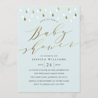 Gouden regendruppels en script baby shower nodigen kaart
