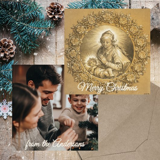 Gouden Religieuze Christelijke Familie Foto Kerst Feestdagenkaart