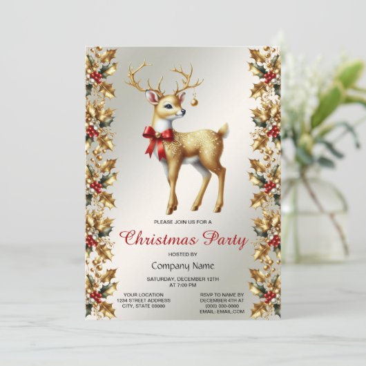 Gouden rendier kerstfeest uitnodiging (Staand voorkant)