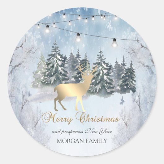 Gouden rendieren, bos, String Lights Landschap Ronde Sticker (Voorkant)