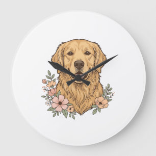 Gouden Retriever Bloemige Vintage Gravure Ontwerp_ Grote Klok