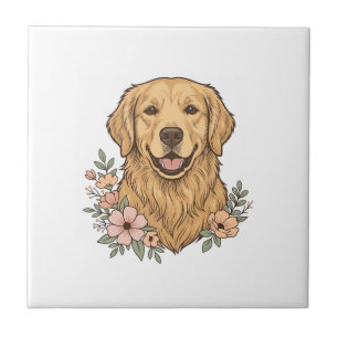 Gouden Retriever Bloemige Vintage Gravure Ontwerp_ Tegeltje
