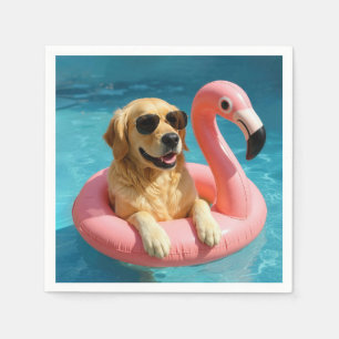 Gouden Retriever Drijvend Op Een Flamingo Zwembad Servet