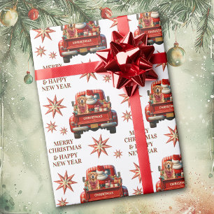 Gouden Retriever en Retro Santa-vrachtwagen Kerstm Cadeaupapier