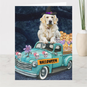 Gouden Retriever Hond Halloween Vrachtwagen Schrik Kaart