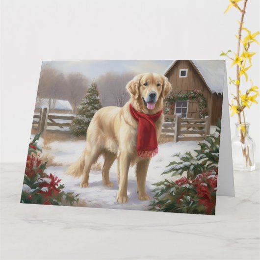 Gouden Retriever Hond in Sneeuw Kerstmis Kaart (Gele Bloem)