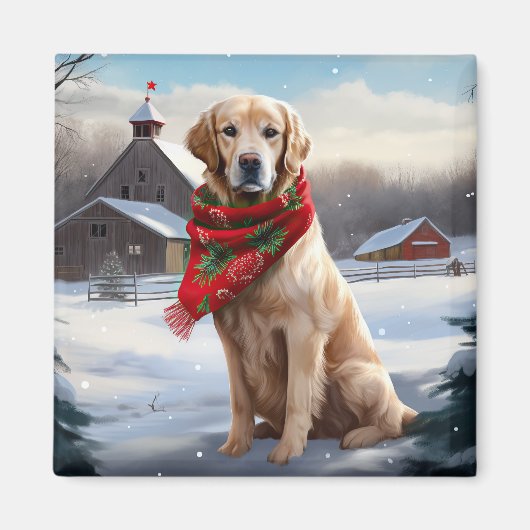 Gouden Retriever Hond in Sneeuw Kerstmis Magneet (Voorkant)