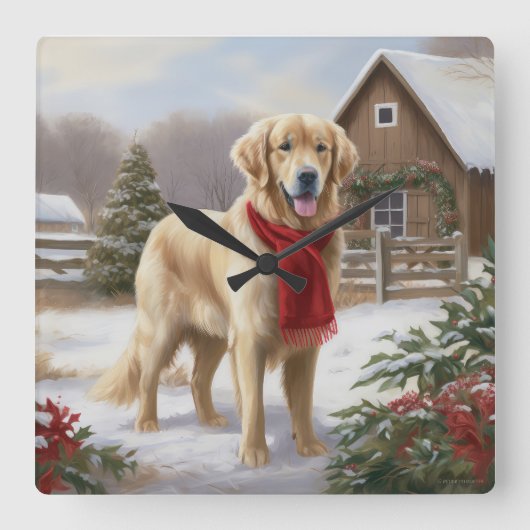 Gouden Retriever Hond in Sneeuw Kerstmis Vierkante Klok (Voorkant)