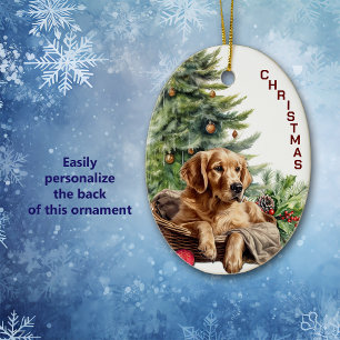 Gouden Retriever Hond Rieten Mand Kerstmis Keramisch Ornament
