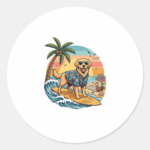Gouden Retriever Hond Surft Surfplank Zonsondergan Ronde Sticker