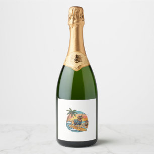 Gouden Retriever Hond Surft Surfplank Zonsondergan Sparkling Wijnetiket