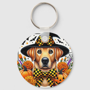 Gouden Retriever in Heksenhoed bij Pompoenen Sleutelhanger