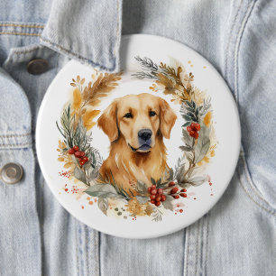 Gouden Retriever Kerst Krans Festieve Pup Ronde Button 6,0 Cm
