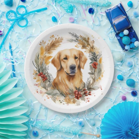 Gouden Retriever Kerstkrans Feestelijke Pup Papieren Bordje (Feest)