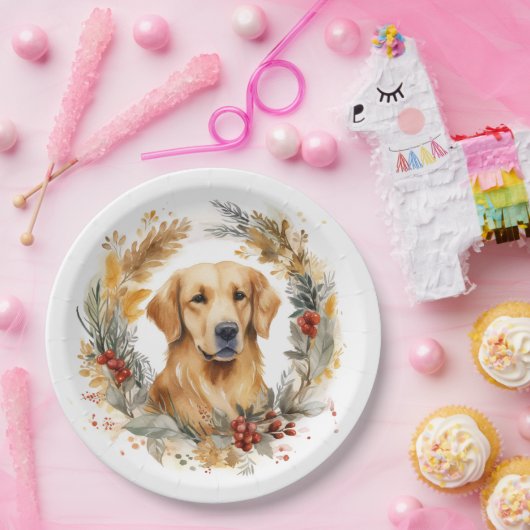 Gouden Retriever Kerstkrans Feestelijke Pup Papieren Bordje (Feest)