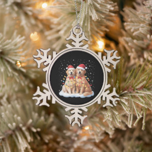 Gouden Retriever Kerstman Hoed Rendier Tin Sneeuwvlok Ornament