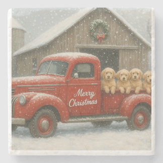 Gouden Retriever Kerstpuppy's in Oude Vrachtwagen Stenen Onderzetter