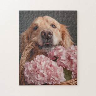 Gouden retriever met mand van roze hortensia's legpuzzel
