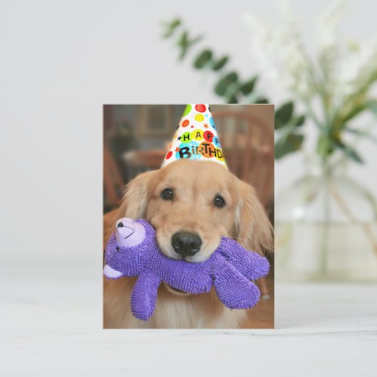 Gouden Retriever Met Verjaardagshoed en Speeltje Briefkaart (Staand voorkant)