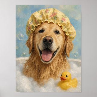 Gouden Retriever Muur Kunst — Bad Tijd Bubbelbad Poster