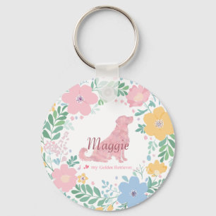 Gouden Retriever Pastel Roze Bloemenkrans Sleutelhanger