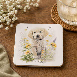 Gouden Retriever Puppy Bloemige Gepersonaliseerde  Bier Onderzetter