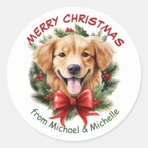 Gouden Retriever Puppy Kerstmis Rode Boog Krans Ronde Sticker