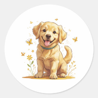 Gouden Retriever Puppy met Gele Bloemen Ronde Sticker