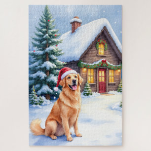 Gouden Retriever Rustieke Blokhut Kerstman Hoed Ke Legpuzzel