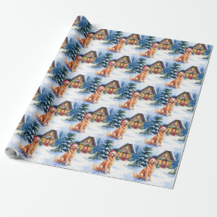 Gouden Retriever Rustieke Blokhut Kerstmuts Kerstm Cadeaupapier