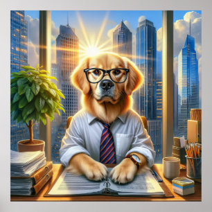 Gouden Retriever Zakenman Op Kantoor Poster